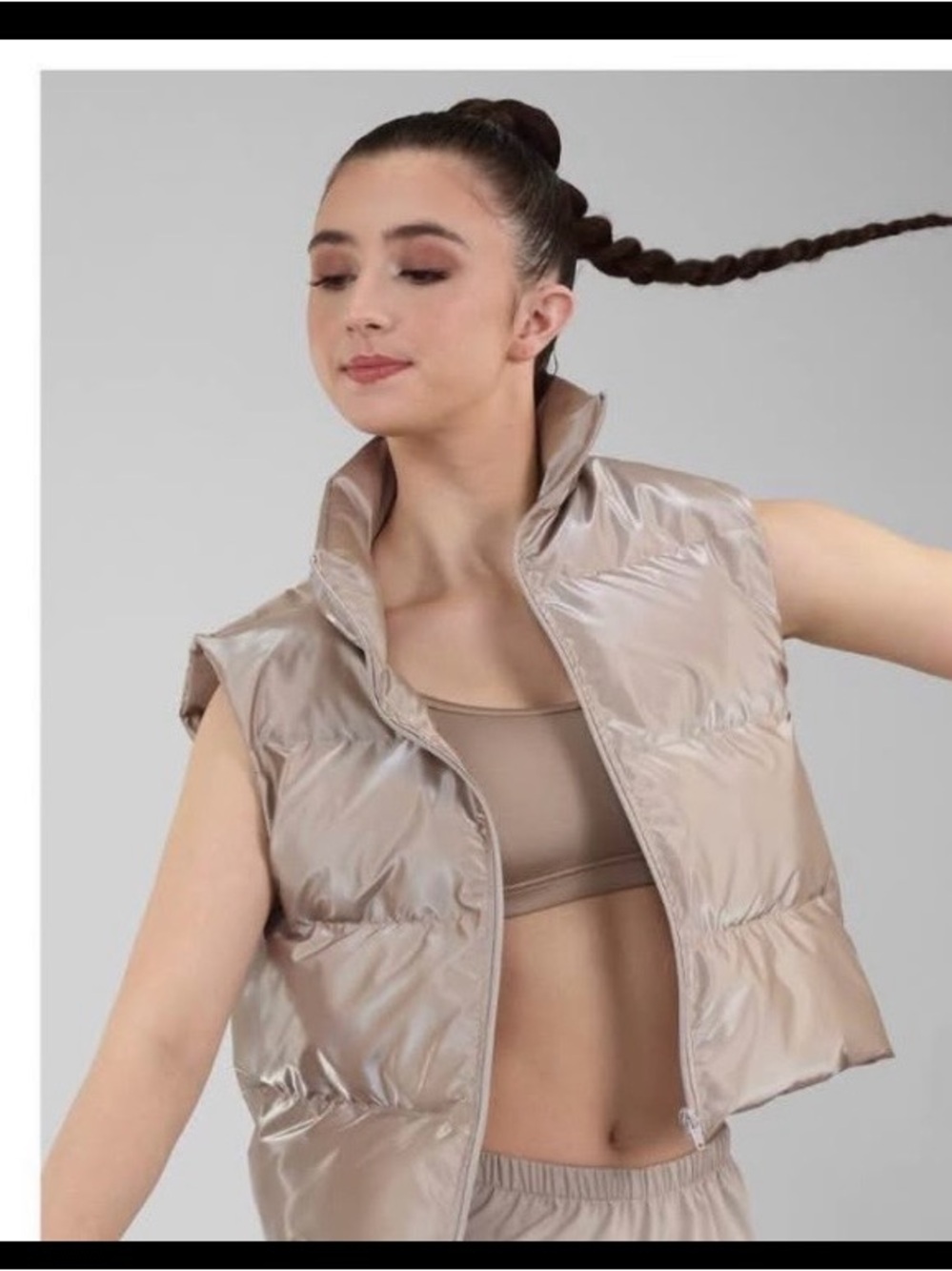 Weissman Hip Hop set low rise Cargo Pants in Light Taupe w/shiny puffer vest. AS